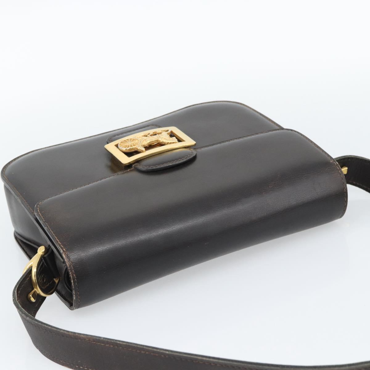 CELINE Horse Carriage Shoulder Bag Leather Dark Brown Gold Auth 189835A