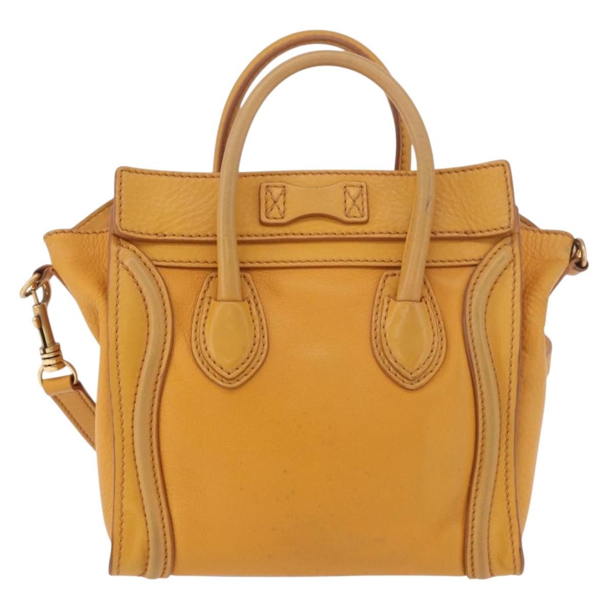 CELINE Luggage Nano Shopper Hand Bag Leather 2way Yellow Gold Auth 189842A