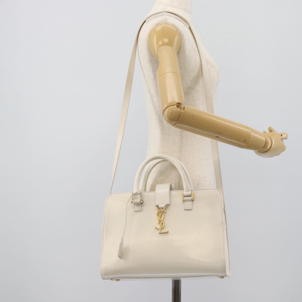 SAINT LAURENT Baby Kabas Hand Bag Leather 2way White Gold Auth 189853