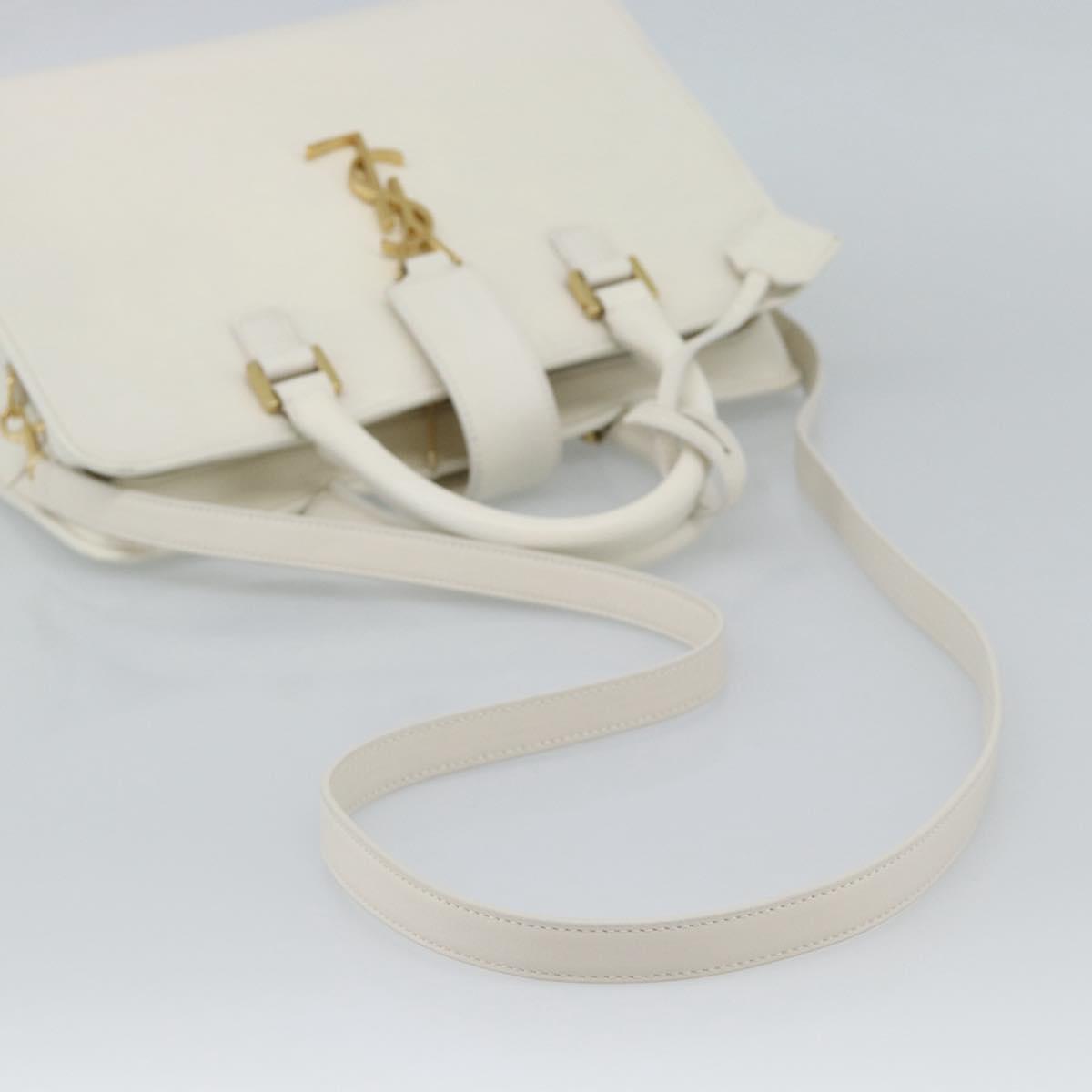 SAINT LAURENT Baby Kabas Hand Bag Leather 2way White Gold Auth 189853