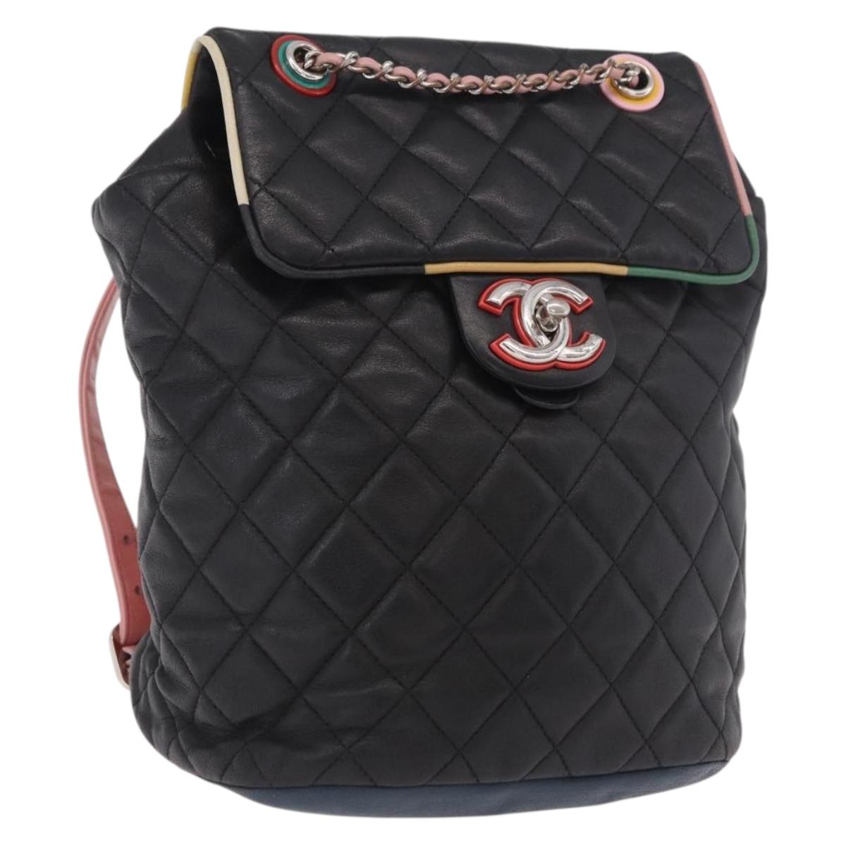 CHANEL Matelasse Backpack Lamb Skin Black Silver CC Auth 189859M