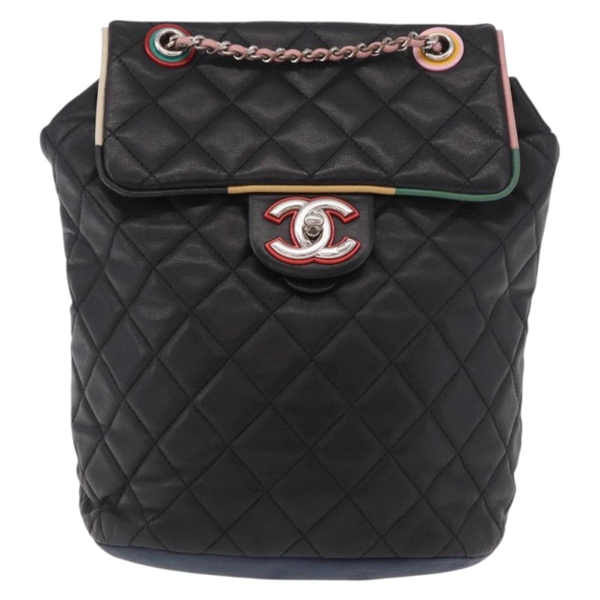 CHANEL Matelasse Backpack Lamb Skin Black Silver CC Auth 189859M