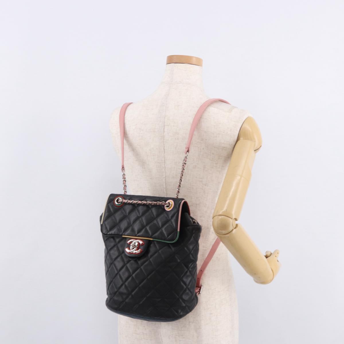 CHANEL Matelasse Backpack Lamb Skin Black Silver CC Auth 189859M