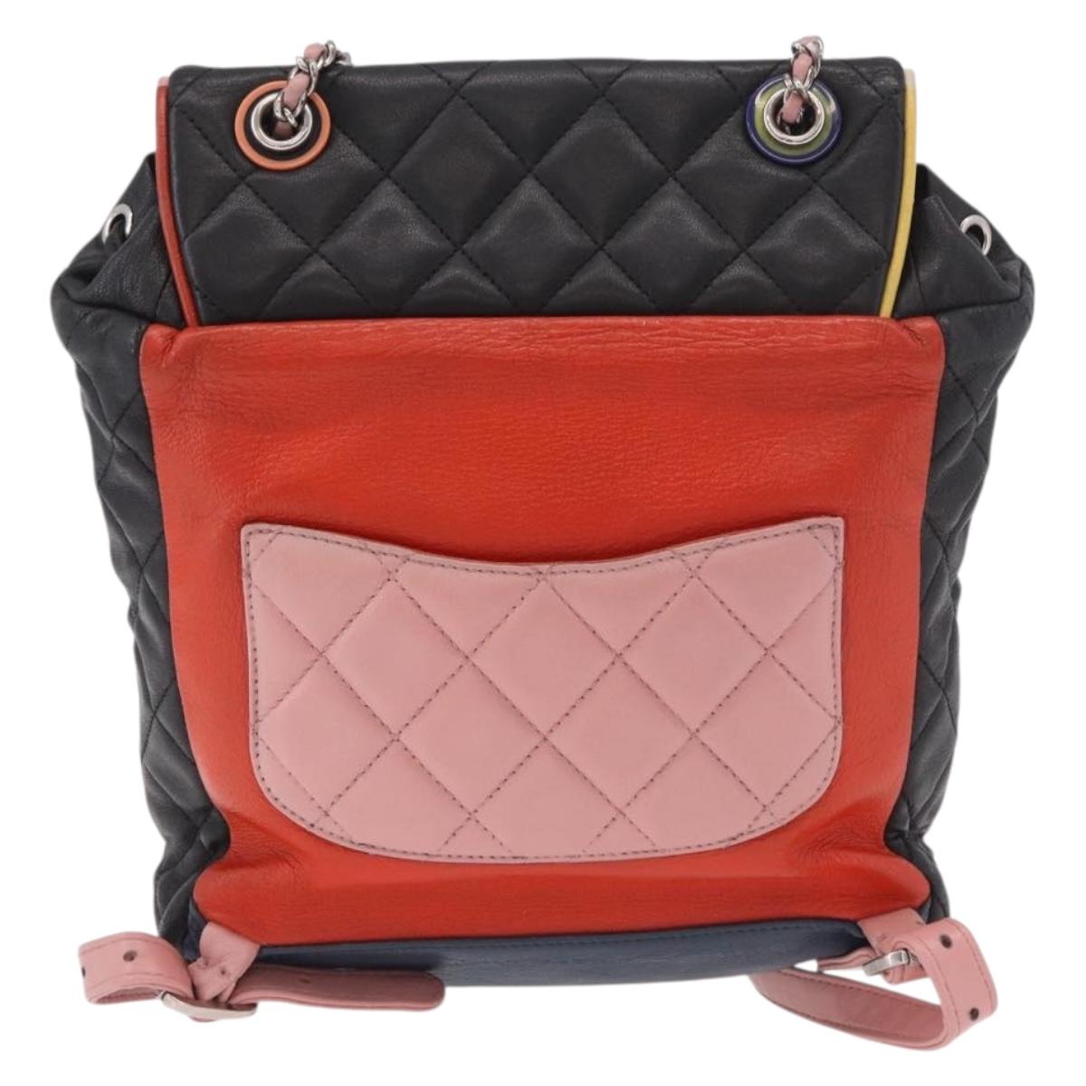 CHANEL Matelasse Backpack Lamb Skin Black Silver CC Auth 189859M