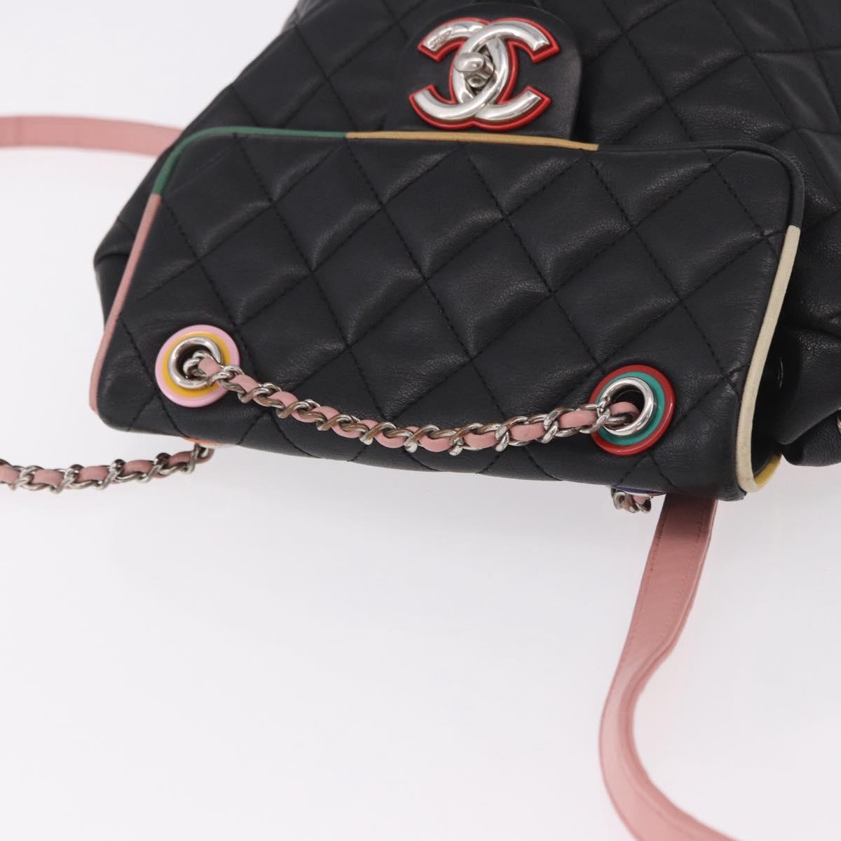 CHANEL Matelasse Backpack Lamb Skin Black Silver CC Auth 189859M