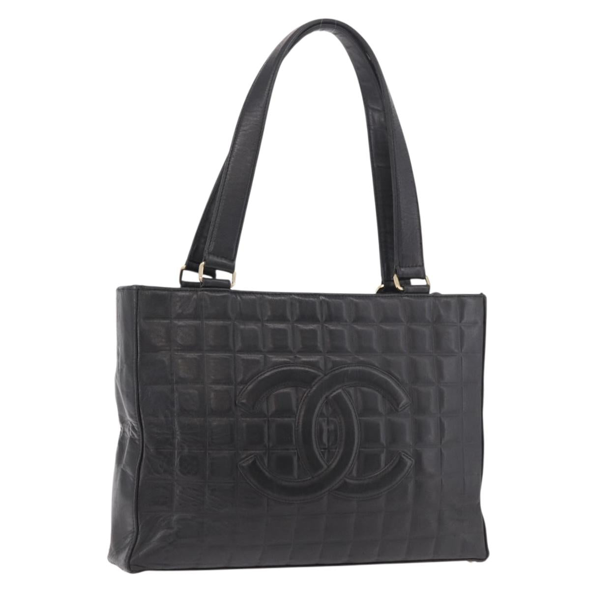 CHANEL Choco Bar Tote Bag Lamb Skin Black Gold CC Auth 189862