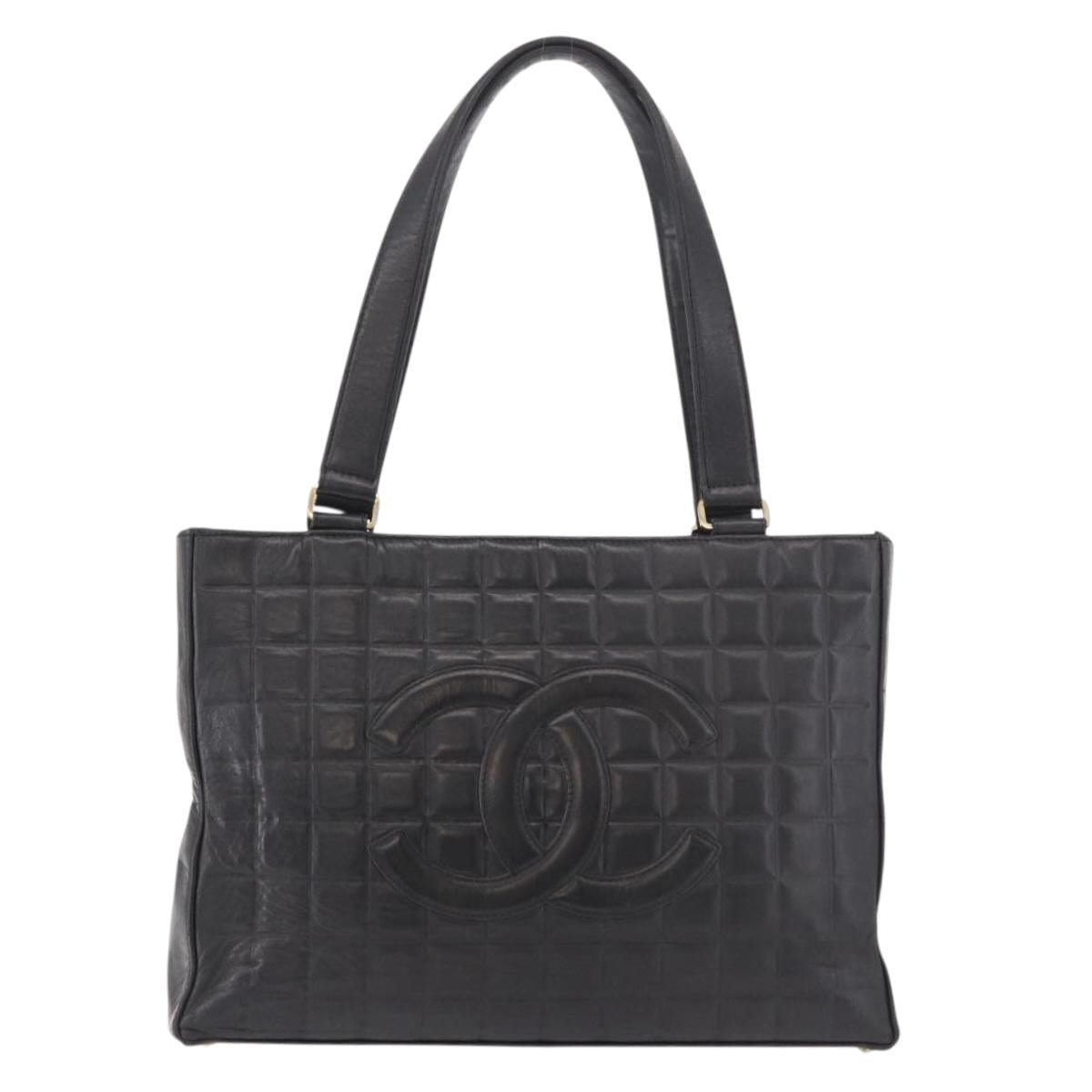 CHANEL Choco Bar Tote Bag Lamb Skin Black Gold CC Auth 189862