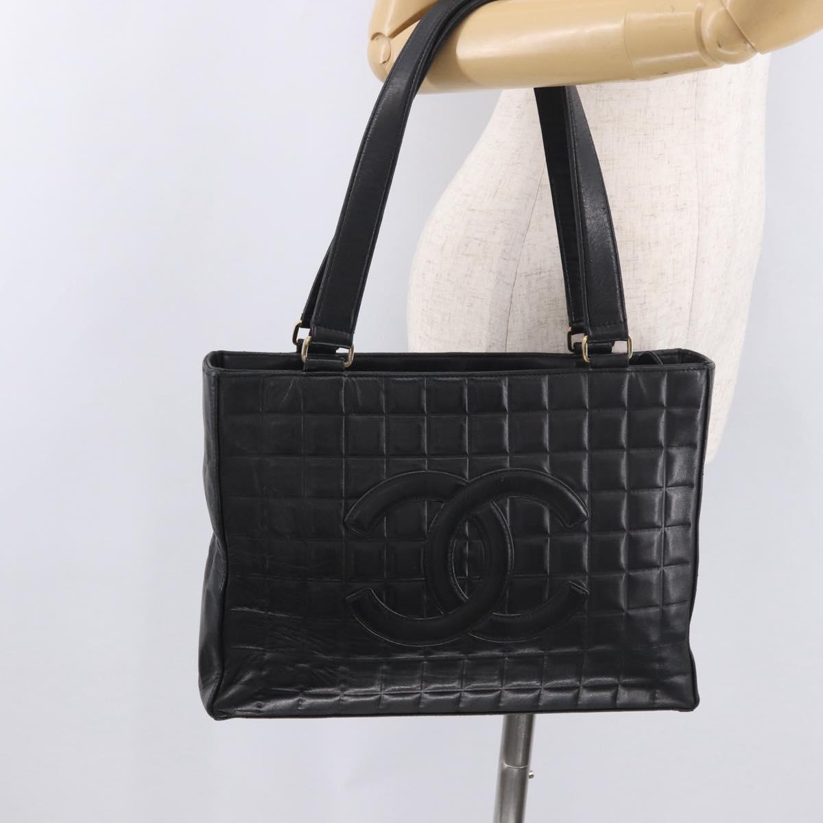 CHANEL Choco Bar Tote Bag Lamb Skin Black Gold CC Auth 189862