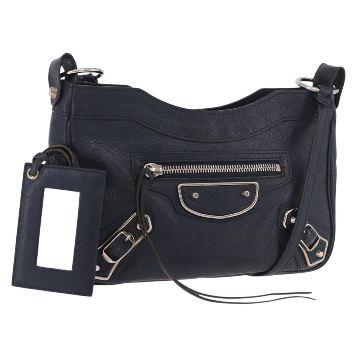 BALENCIAGA Metallic Edge Hip Shoulder Bag Leather Navy Silver Auth 189871A