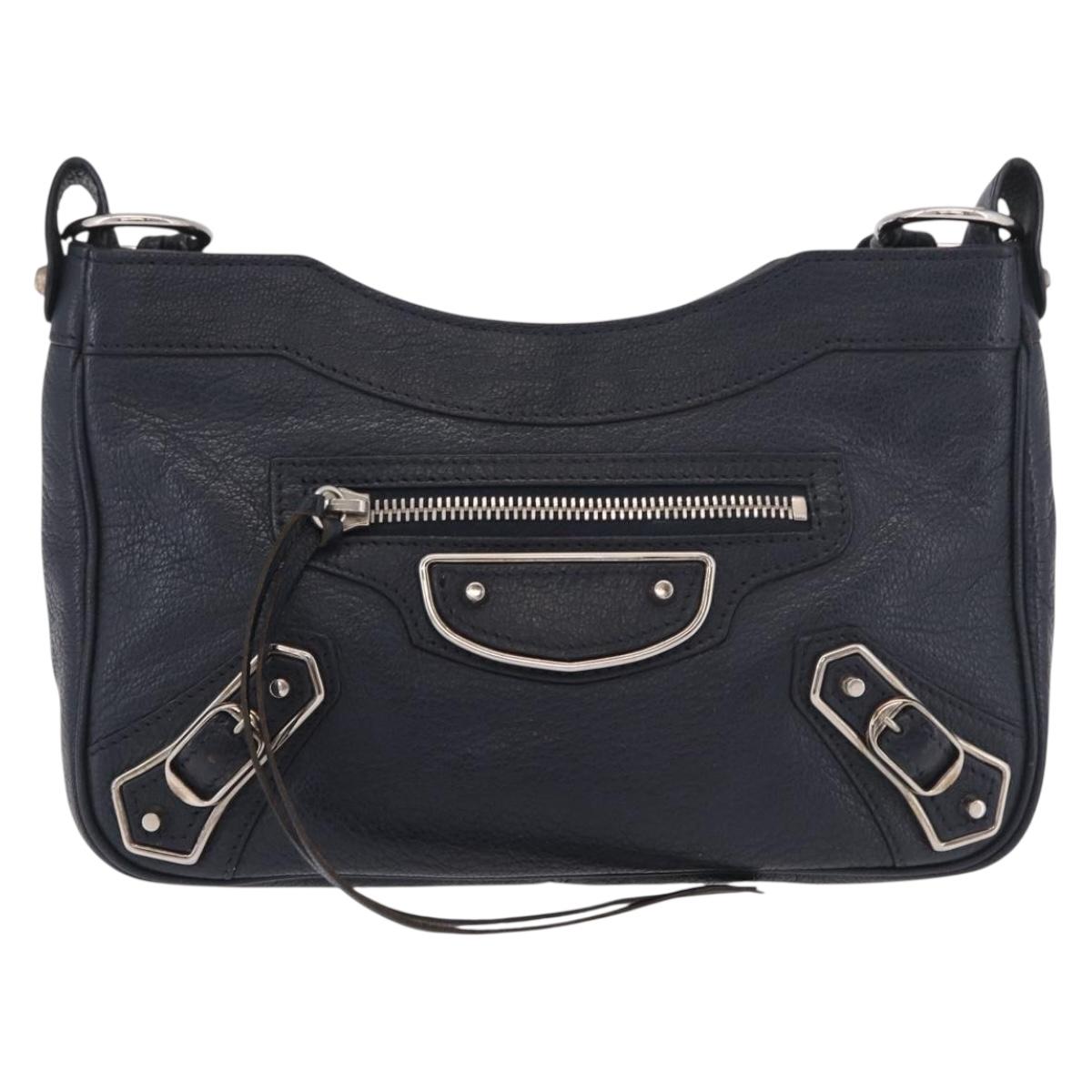 BALENCIAGA Metallic Edge Hip Shoulder Bag Leather Navy Silver Auth 189871A