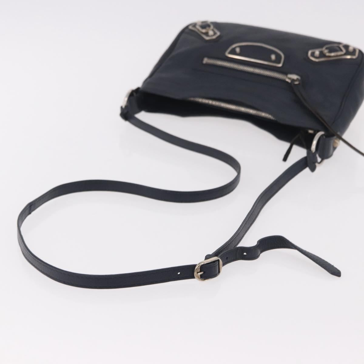 BALENCIAGA Metallic Edge Hip Shoulder Bag Leather Navy Silver Auth 189871A