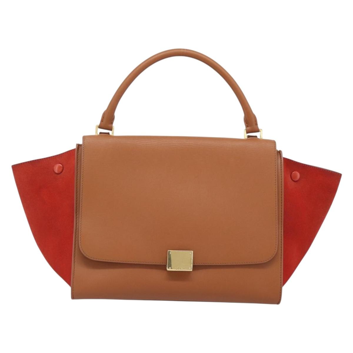 CELINE Trapeze Hand Bag Leather 2way Brown Gold Auth 189874A