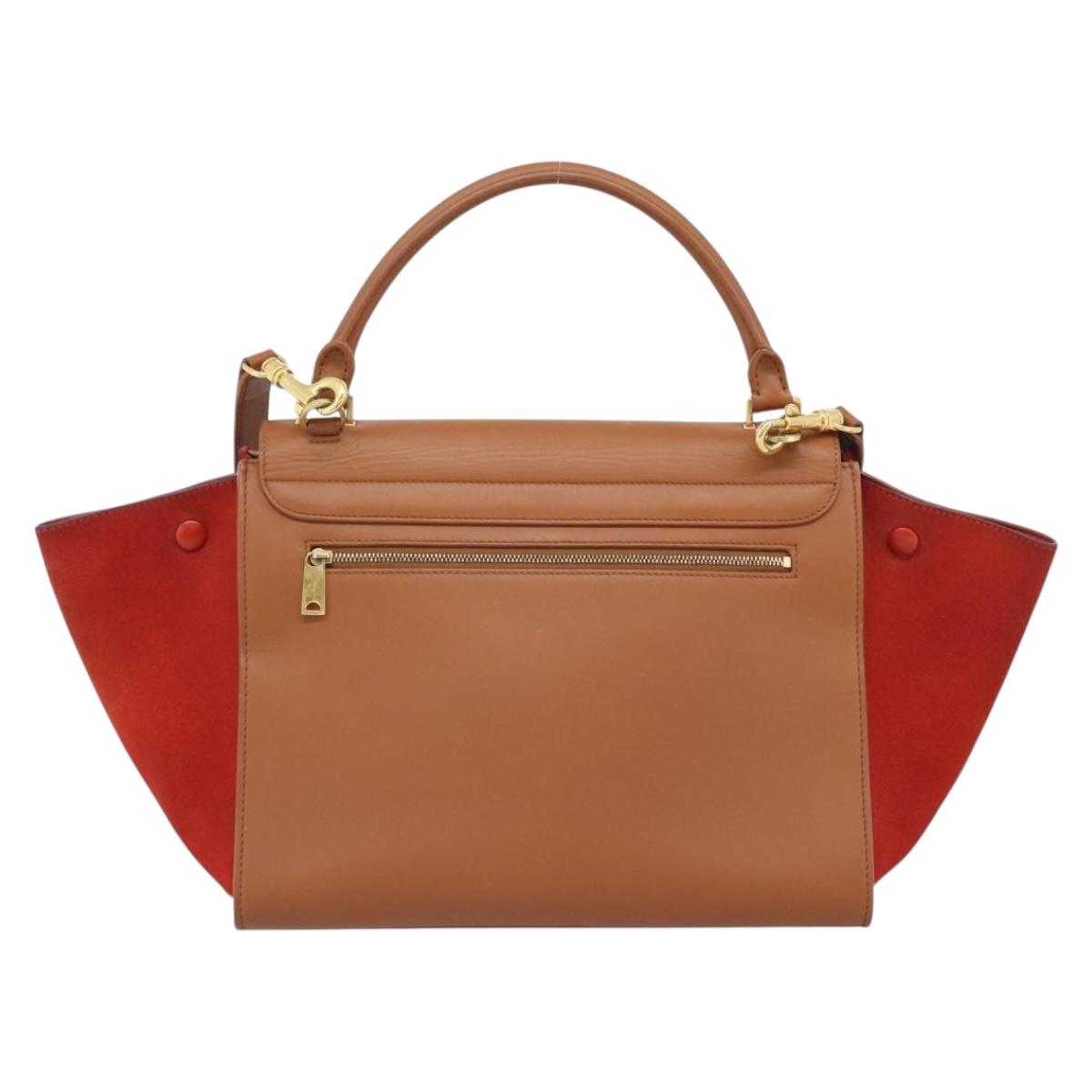 CELINE Trapeze Hand Bag Leather 2way Brown Gold Auth 189874A