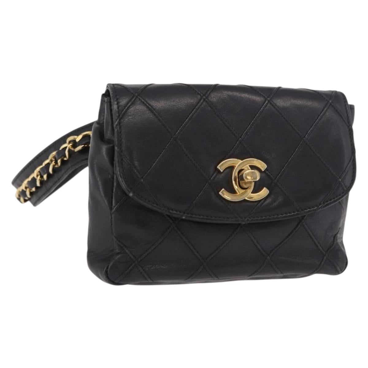 CHANEL Bicolore Waist bag Lamb Skin Black Gold CC Auth 189875