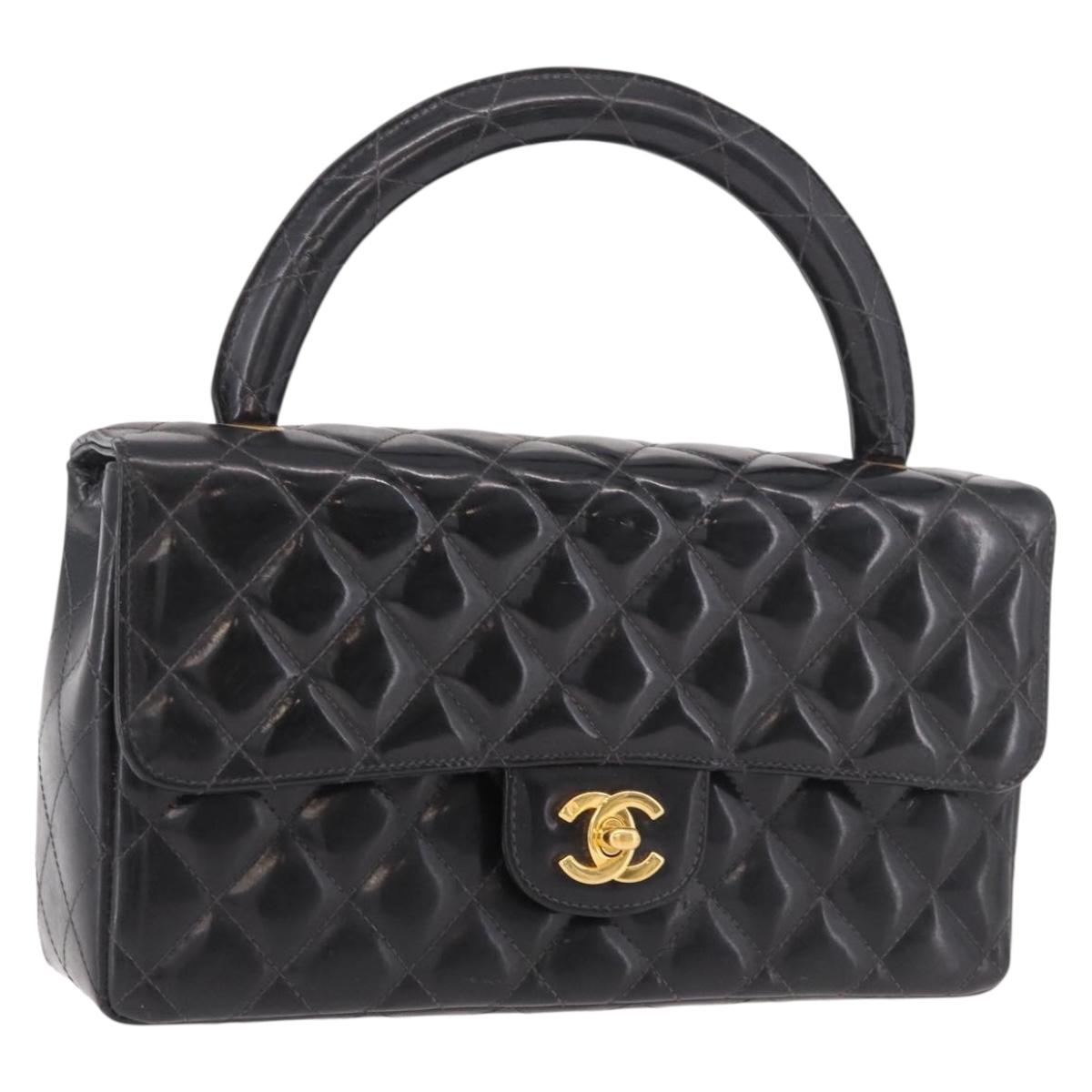 CHANEL Matelasse Hand Bag Patent leather Black Gold CC Auth 189887