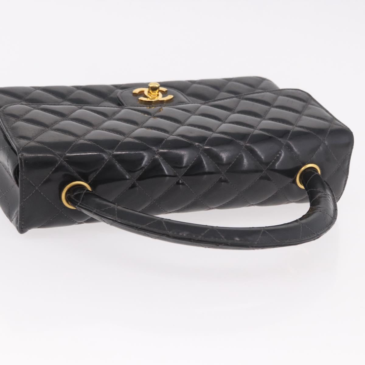 CHANEL Matelasse Hand Bag Patent leather Black Gold CC Auth 189887