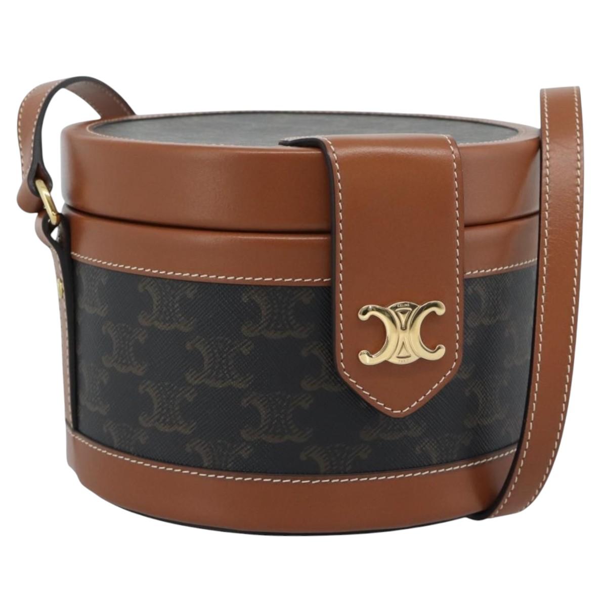 CELINE Macadam Canvas Triomphe Tambour Shoulder Bag PVC Black Gold Auth 189888SM