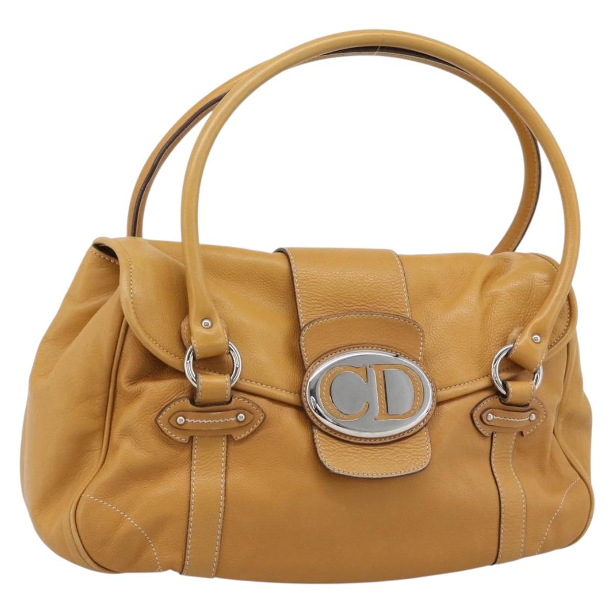 Christian Dior Hand Bag Leather Beige Silver Auth 189896A