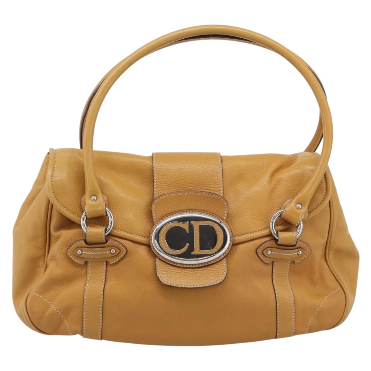 Christian Dior Hand Bag Leather Beige Silver Auth 189896A