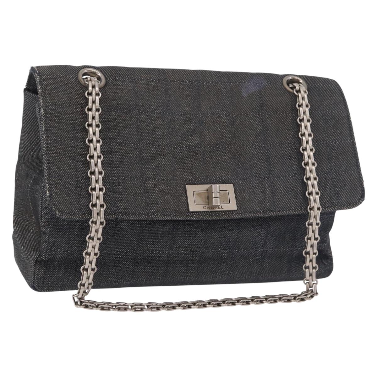 CHANEL Choco Bar Chain Shoulder Bag Canvas Navy Silver CC Auth 189901A