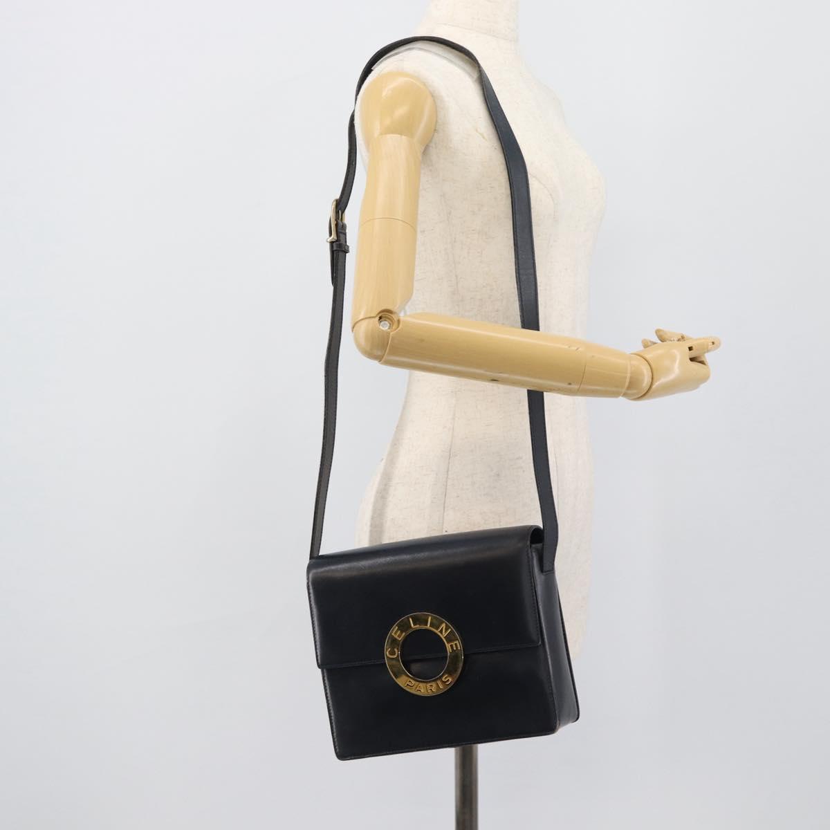CELINE Circle Shoulder Bag Leather Black Gold Auth 189921