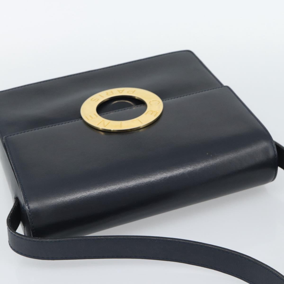 CELINE Circle Shoulder Bag Leather Black Gold Auth 189921