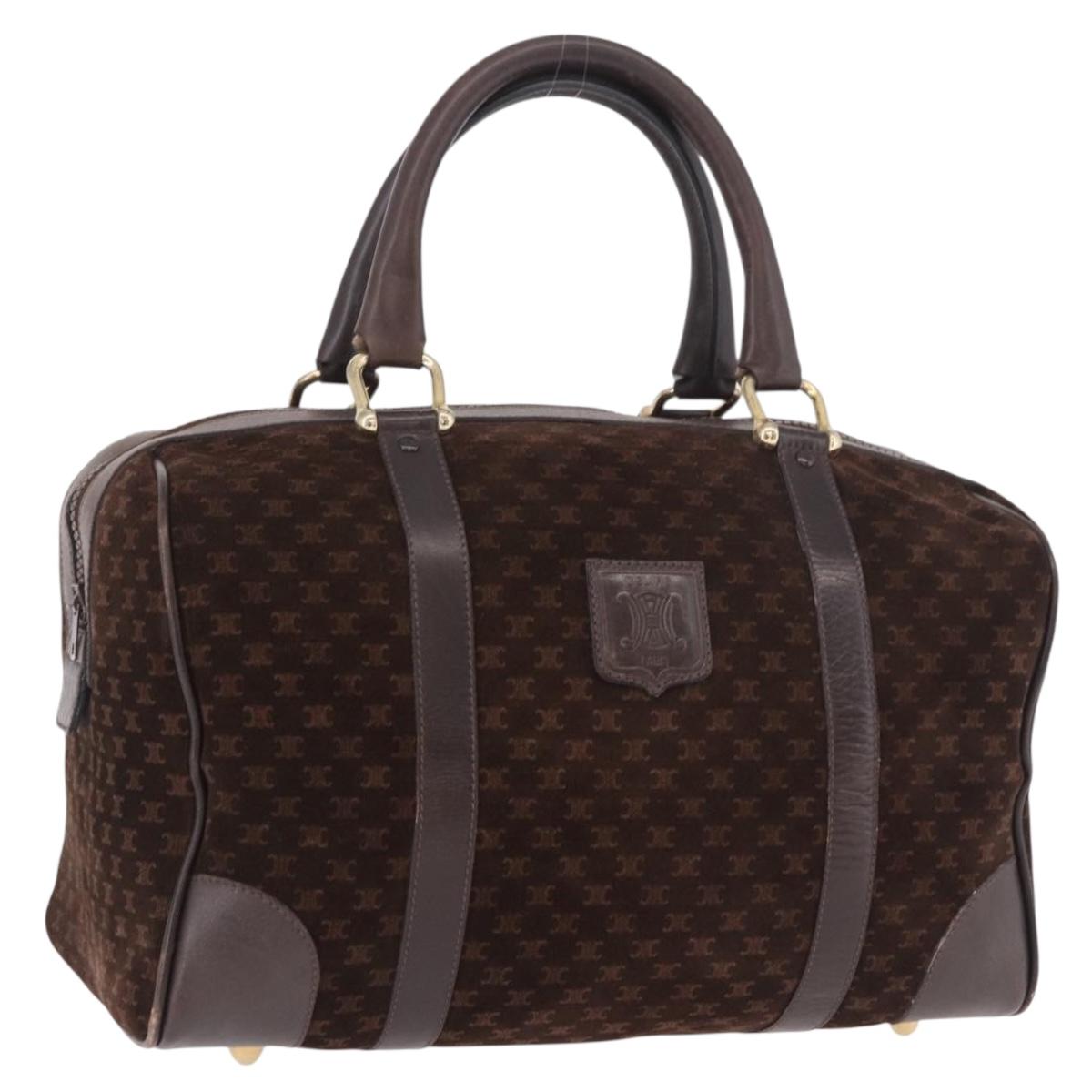 CELINE Macadam Canvas Boston Bag Suede Brown Gold Auth 189925