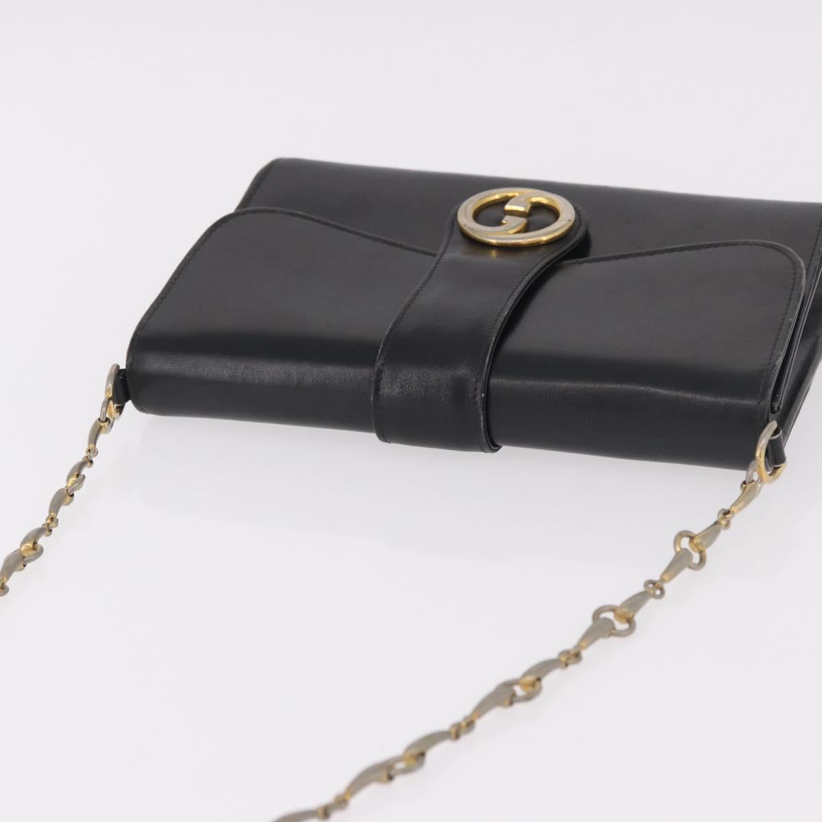 GUCCI Horsebit Chain Shoulder Bag Leather Black Gold Auth 189930