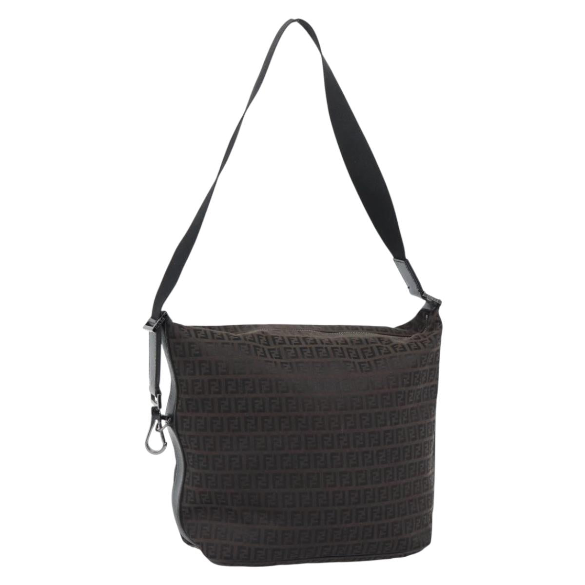 FENDI Zucchino Canvas Shoulder Bag Brown Silver Auth 189932A