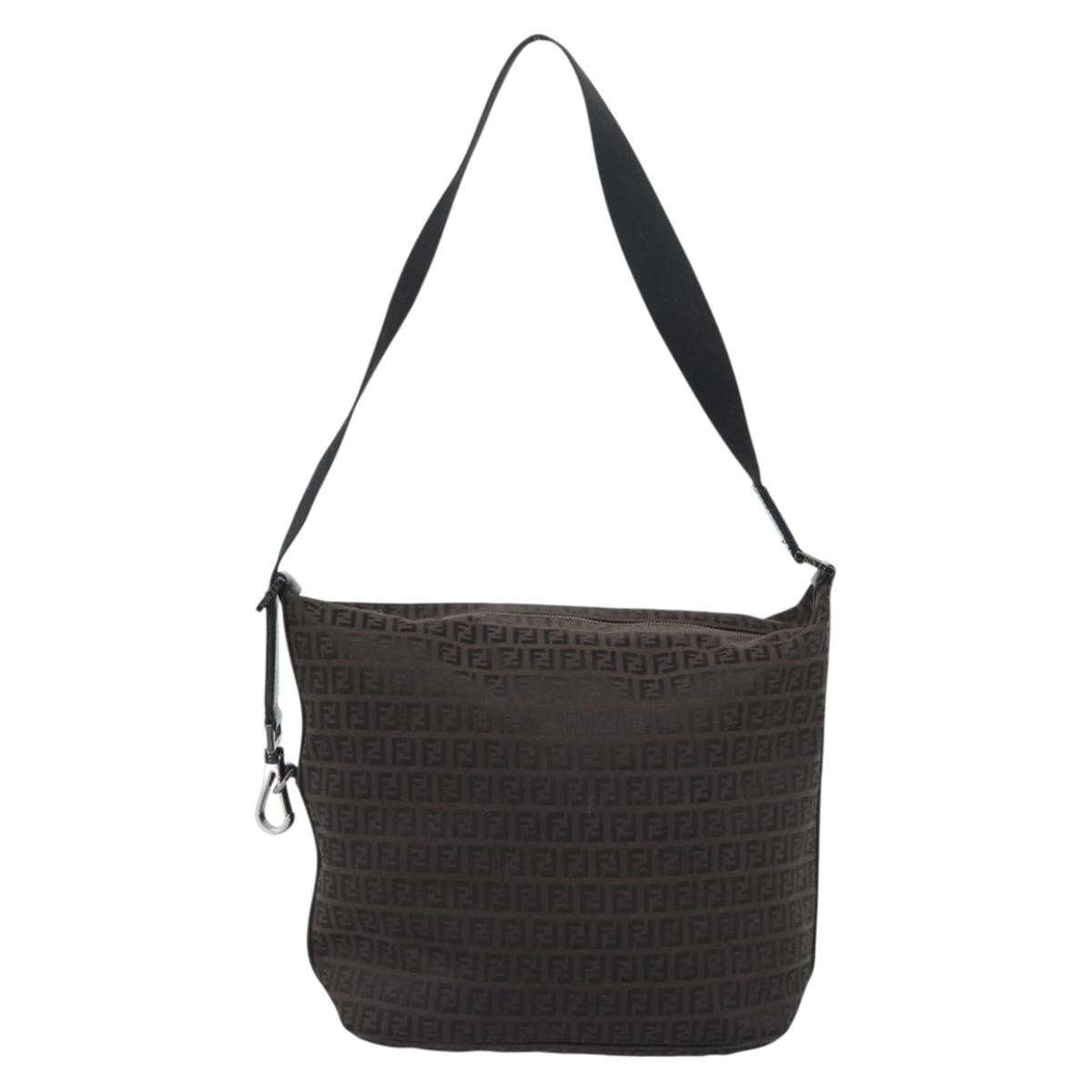 FENDI Zucchino Canvas Shoulder Bag Brown Silver Auth 189932A