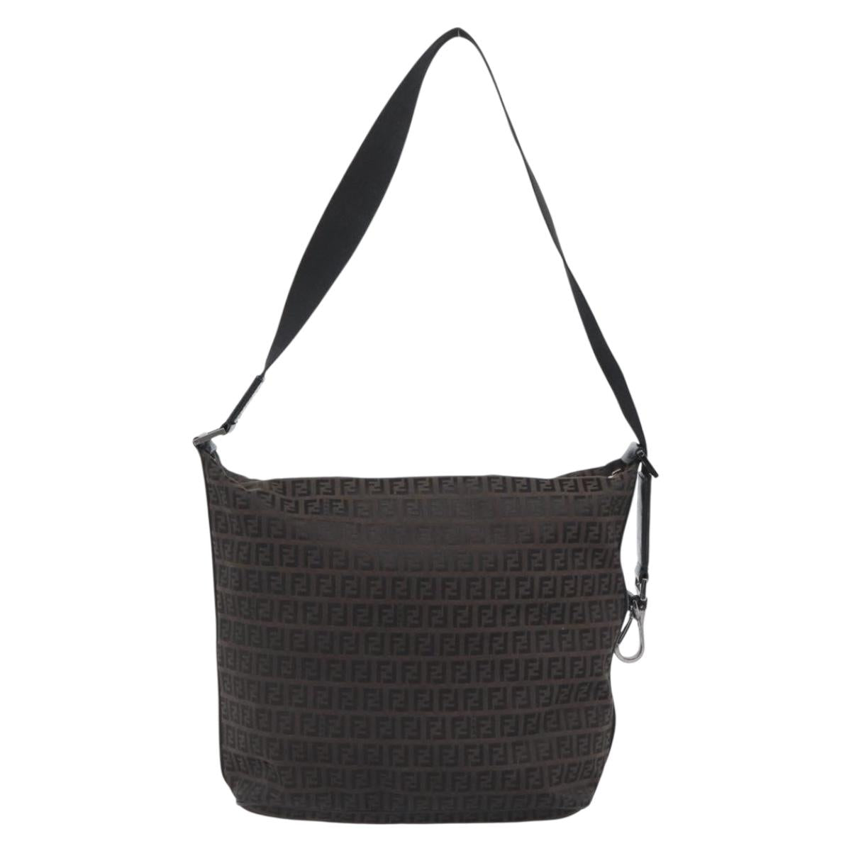 FENDI Zucchino Canvas Shoulder Bag Brown Silver Auth 189932A