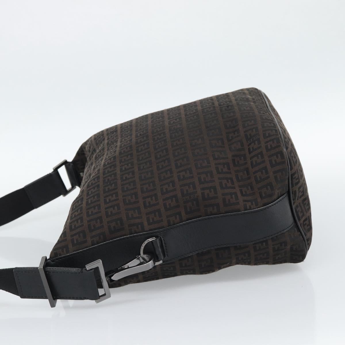 FENDI Zucchino Canvas Shoulder Bag Brown Silver Auth 189932A