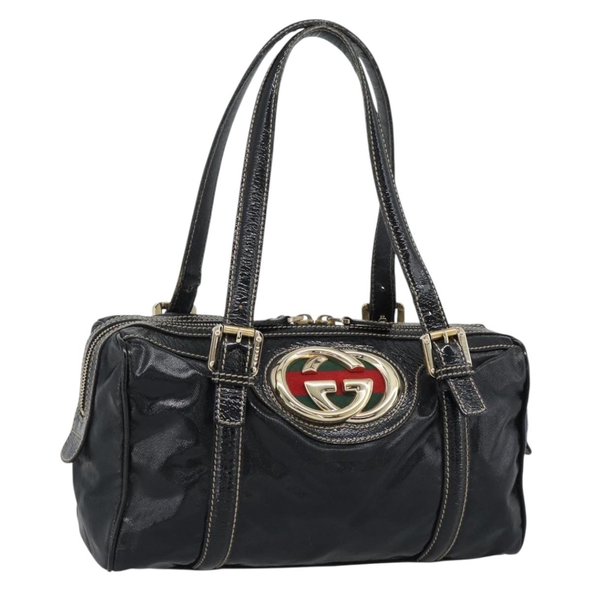 GUCCI Web Sherry Line Hand Bag PVC Canvas Black Gold 170009 Auth 189937