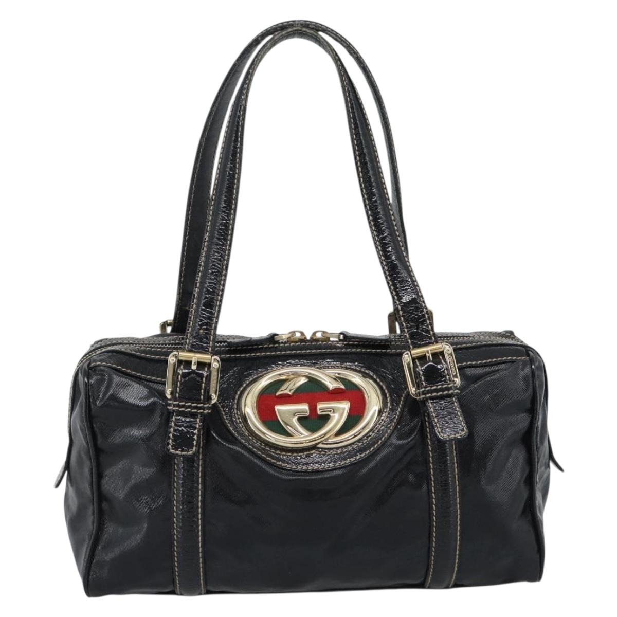 GUCCI Web Sherry Line Hand Bag PVC Canvas Black Gold 170009 Auth 189937