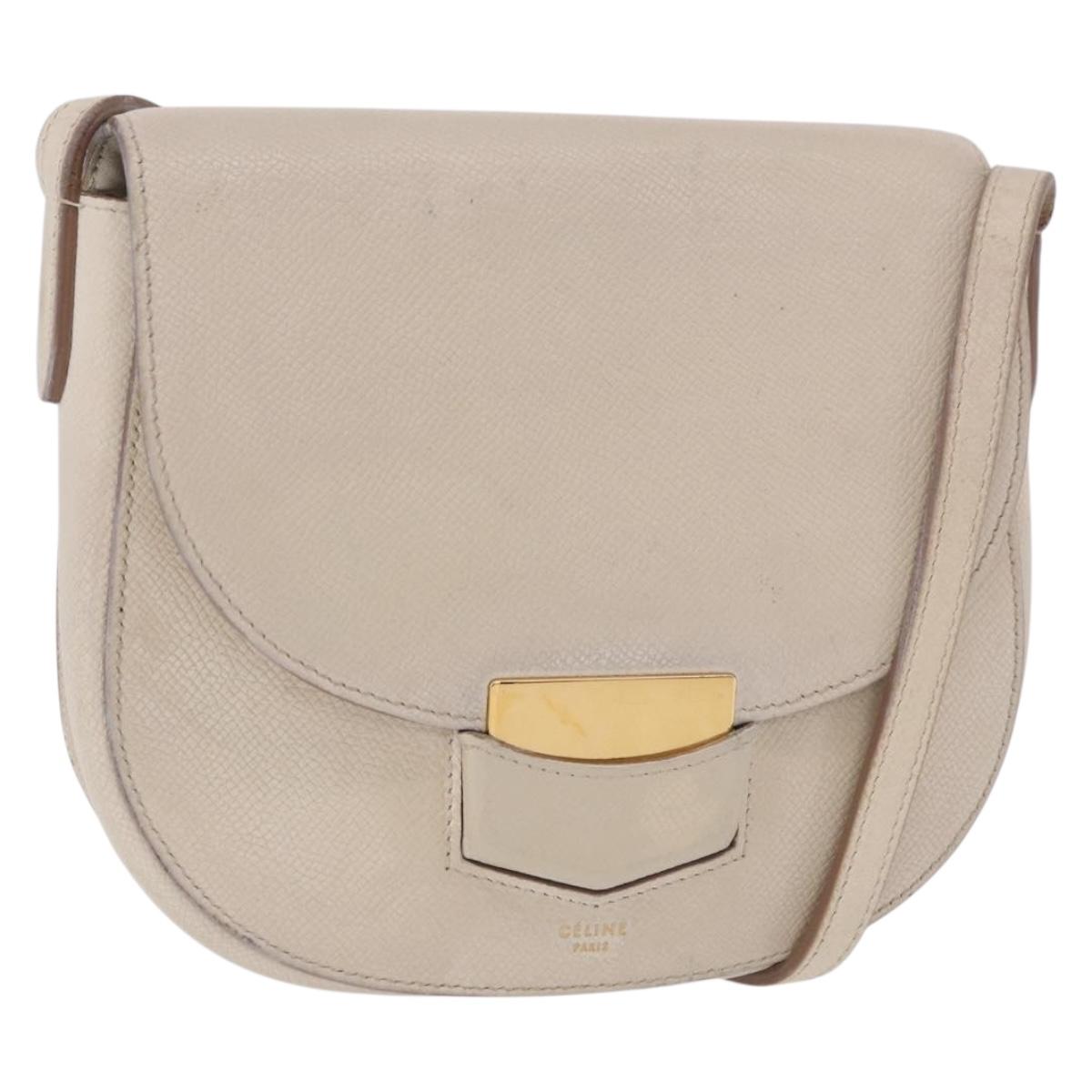 CELINE Shoulder Bag Leather White Gold Auth 189953