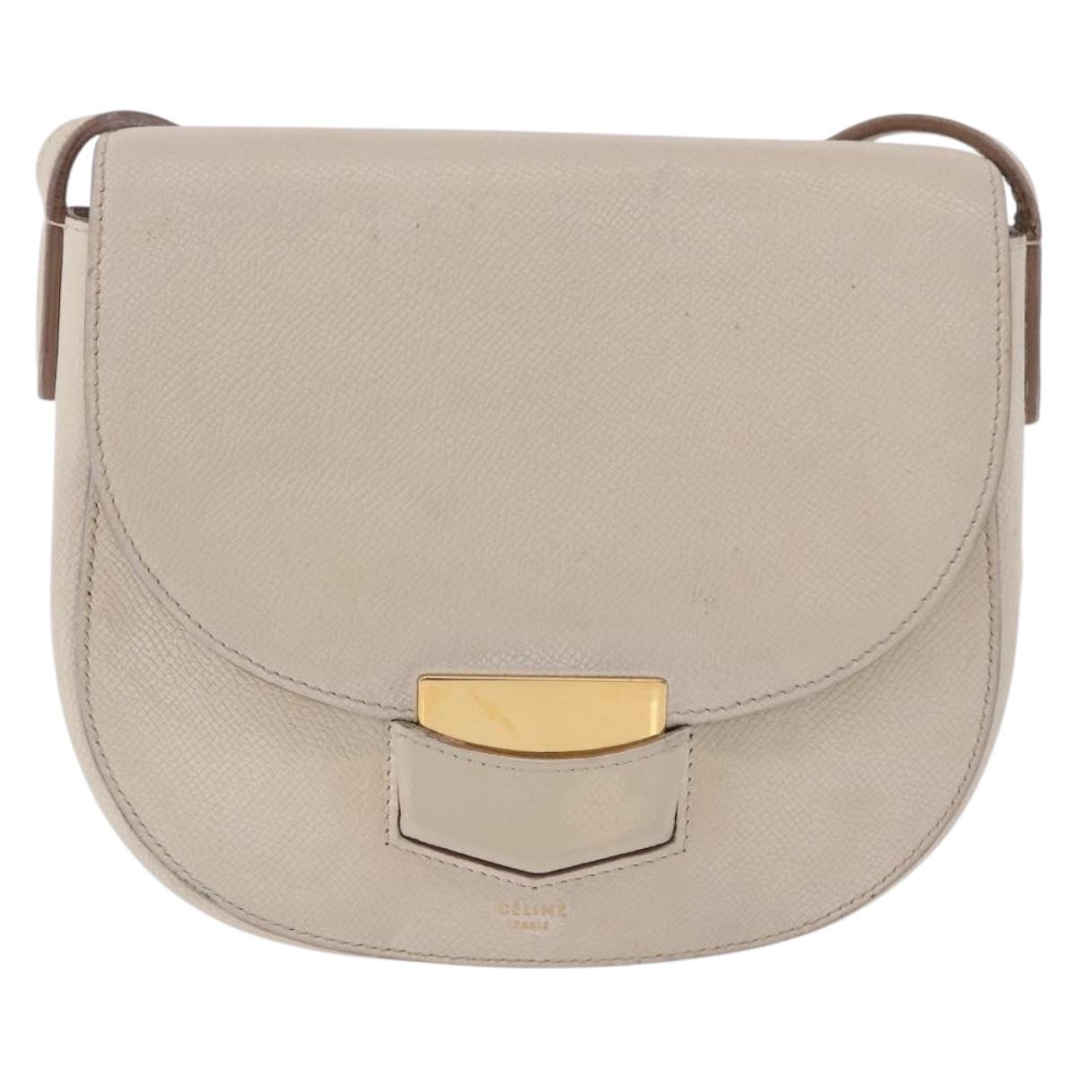 CELINE Shoulder Bag Leather White Gold Auth 189953