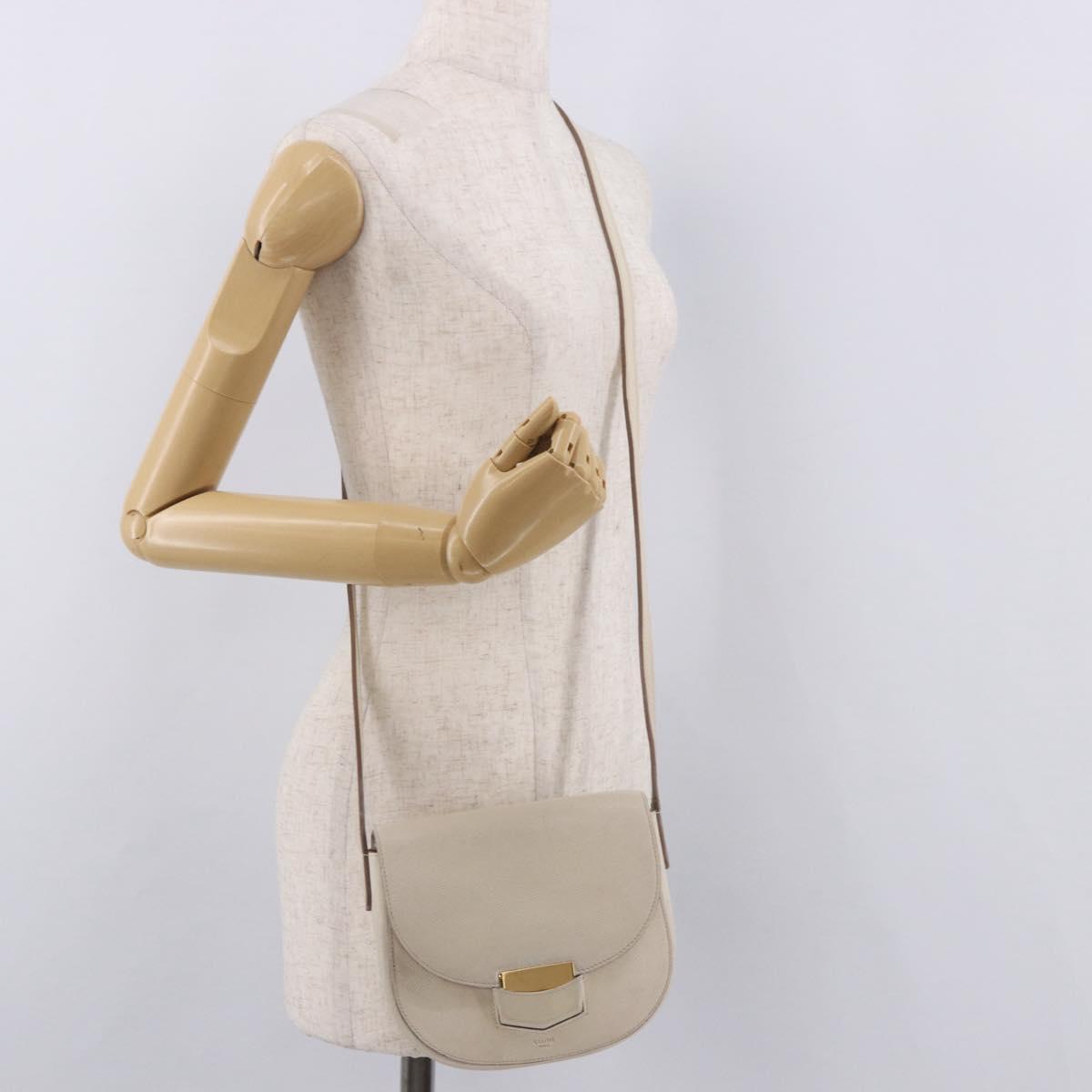 CELINE Shoulder Bag Leather White Gold Auth 189953