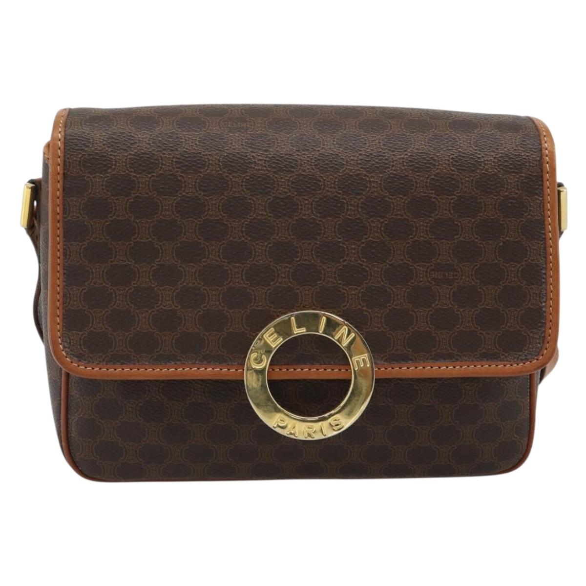 CELINE Macadam Canvas Circle Shoulder Bag PVC Leather Brown Gold Auth 189954A