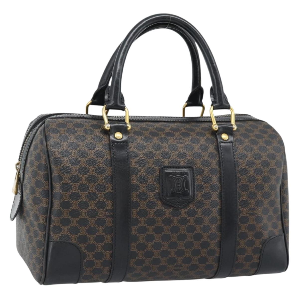 CELINE Macadam Canvas Boston Bag PVC Leather Black Gold Auth 189955A