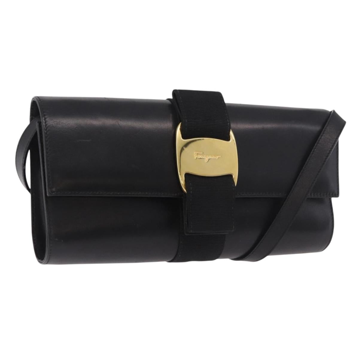 Salvatore Ferragamo Vala Shoulder Bag Leather Black Gold Auth 189974A