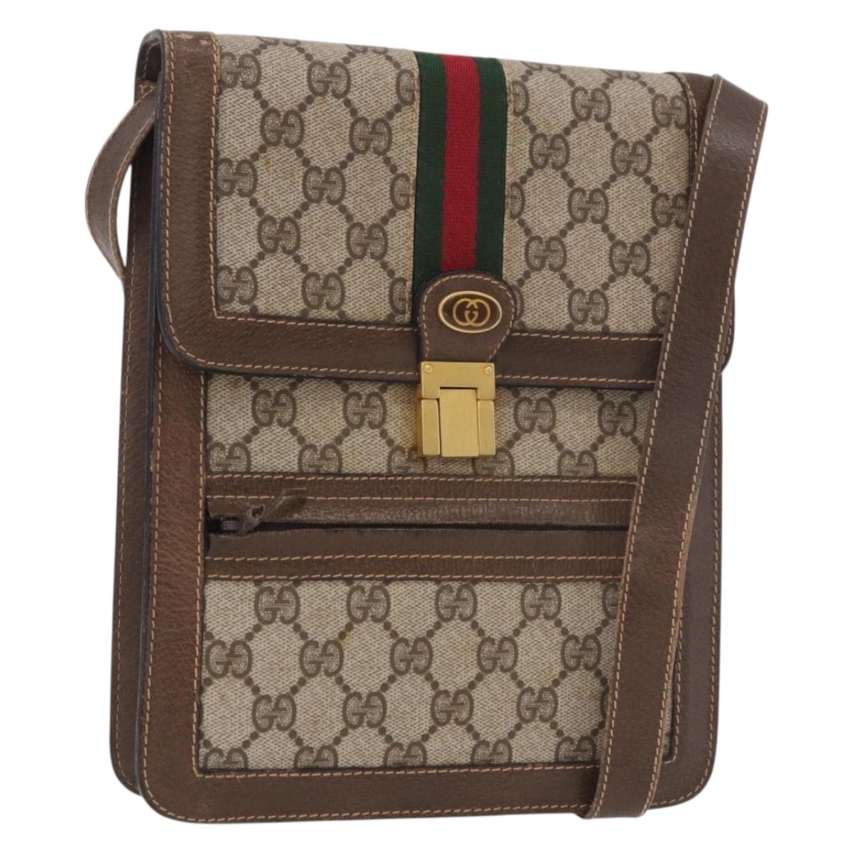 GUCCI GG Supreme Web Sherry Line Shoulder Bag PVC Beige Gold Auth 189976