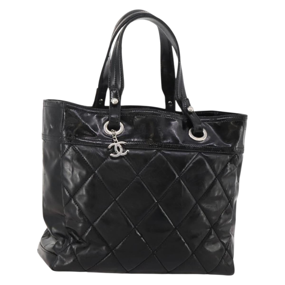 CHANEL Paris Biarritz GM Tote Bag Coated Canvas Black Silver CC Auth 189981