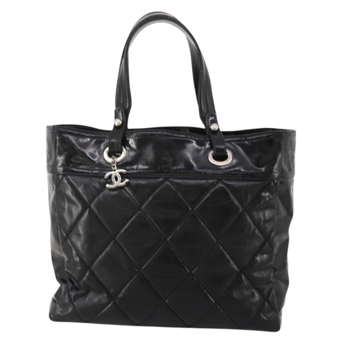 CHANEL Paris Biarritz GM Tote Bag Coated Canvas Black Silver CC Auth 189981