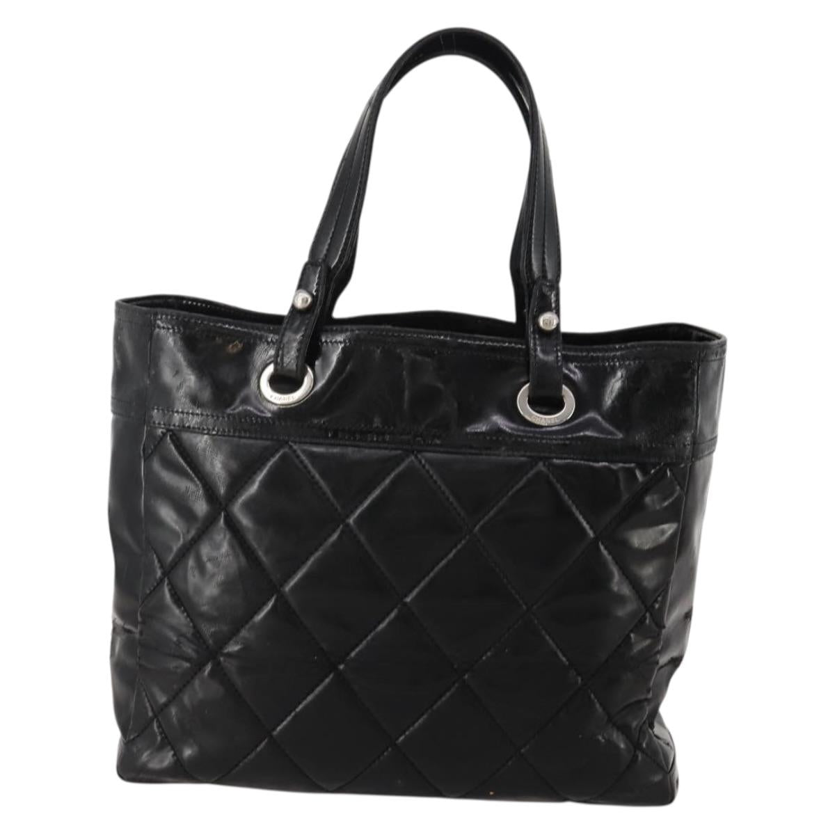 CHANEL Paris Biarritz GM Tote Bag Coated Canvas Black Silver CC Auth 189981