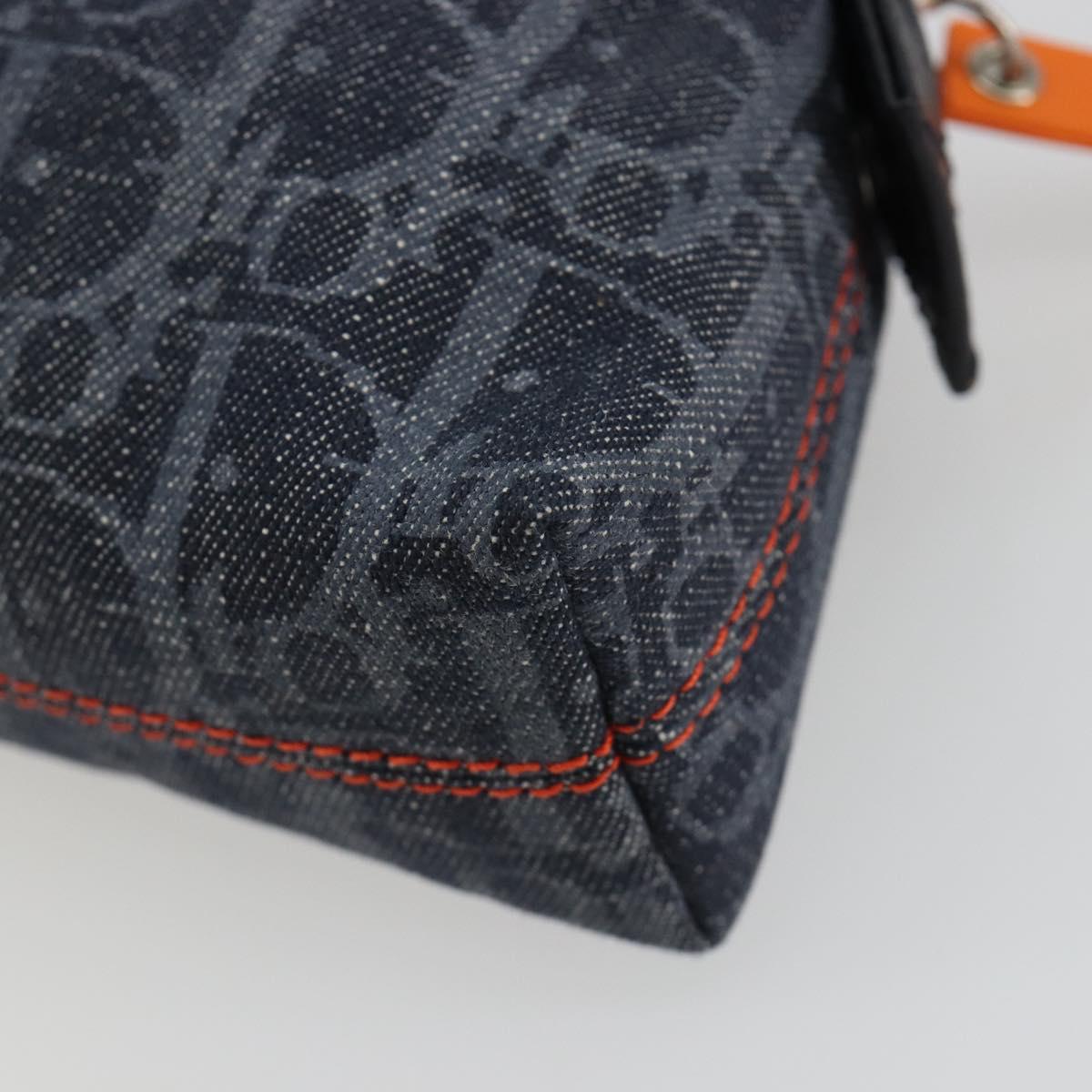 Christian Dior Trotter Canvas Cosmetic Pouch Denim Navy Silver Auth 189982A