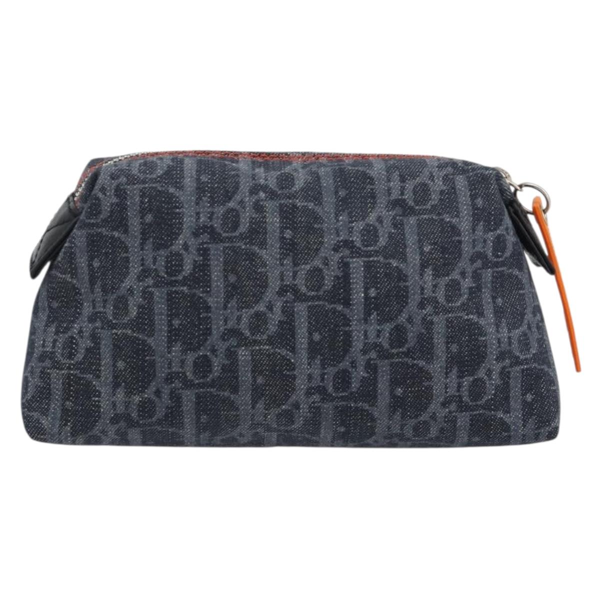 Christian Dior Trotter Canvas Cosmetic Pouch Denim Navy Silver Auth 189982A