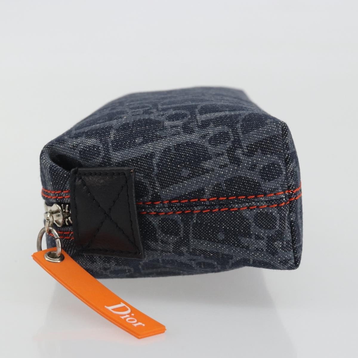 Christian Dior Trotter Canvas Cosmetic Pouch Denim Navy Silver Auth 189982A