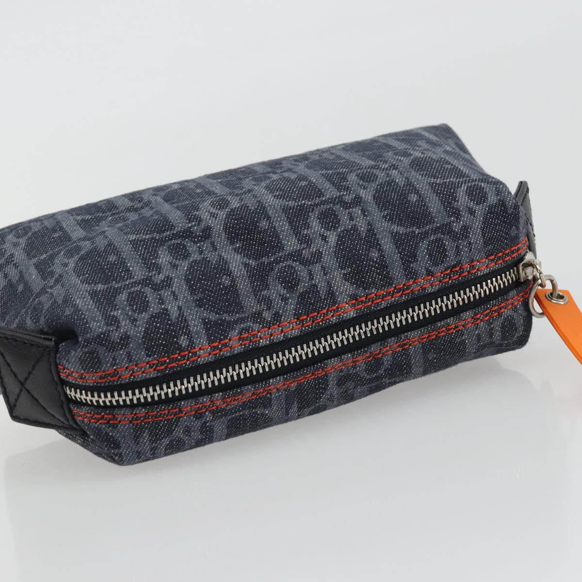 Christian Dior Trotter Canvas Cosmetic Pouch Denim Navy Silver Auth 189982A