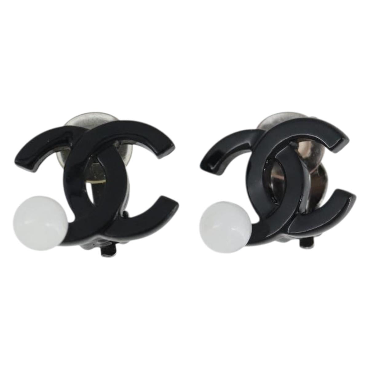 CHANEL COCO Mark Earring Metal Black CC Auth 189989A