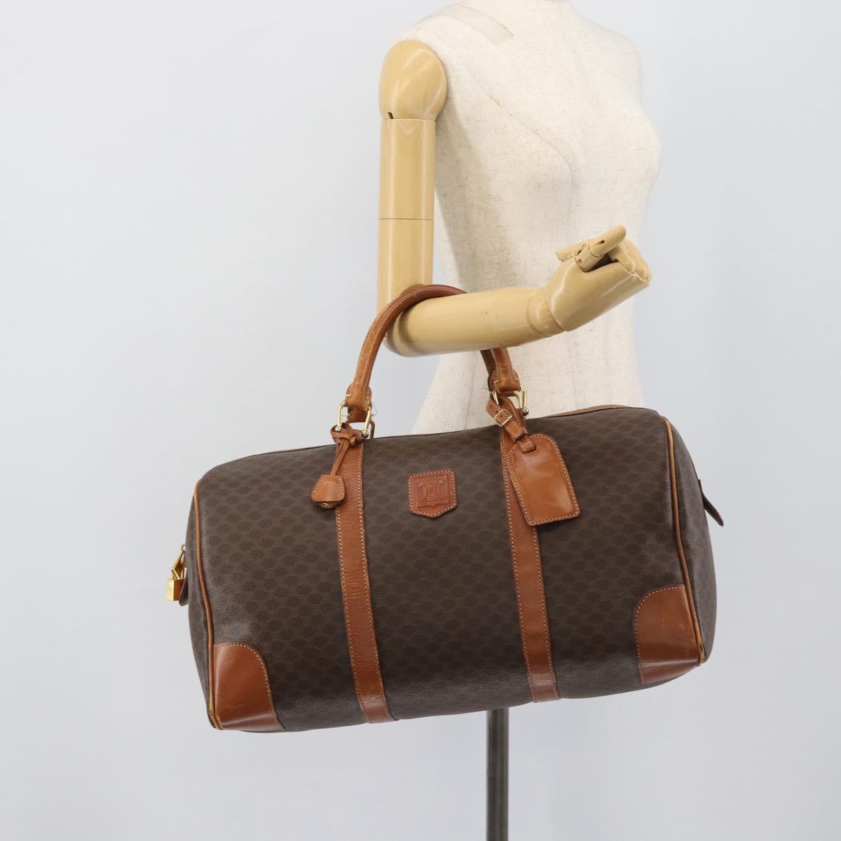 CELINE Macadam Canvas Boston Bag PVC Leather 2 Set Brown Gold Auth 190000